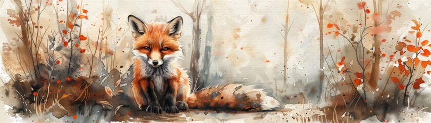 Fototapeta premium Watercolor painting of a fox sitting in an autumn forest, surrounded by trees and colorful leaves, creating a serene and artistic scene.