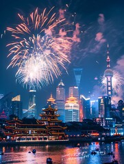 Fireworks lighting up the night sky by the river