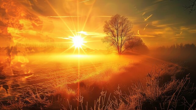 Golden sun lingers in sky, casting warm glow over land, banishing winter shadows
