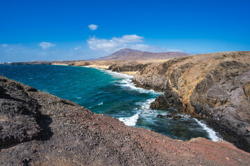 Coast and sea on the Papagayo beaches on the Canary Island of Lanzarote in the Atlantic Ocean