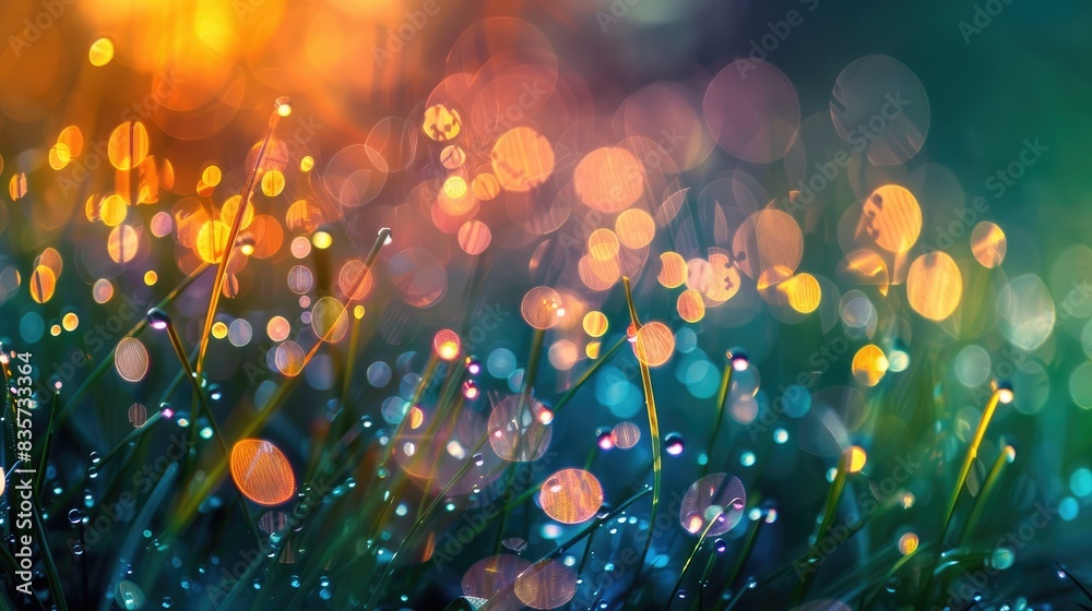 Wall mural Diverse colored dewdrops with stunning bokeh in a specific area of interest