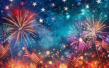 Panoramic view of Independence Day celebration, vibrant fireworks over a cityscape, stars and stripes in the sky, photorealistic detail, rich colors, awe-inspiring and grandiose