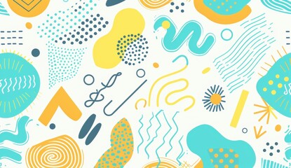 Abstract background, colorful shapes and patterns with white backgrounds, minimalist line drawings, simple lines, hand drawn doodles, yellow orange teal green red palette, white dots, line work