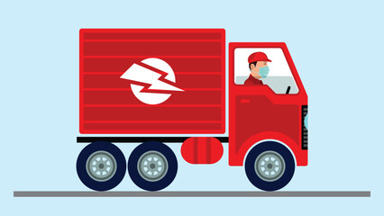 Vector cartoon delivery van truck with deliveryman. Vector illustration of cartoon delivery van with deliveryman. Isolated on white background.