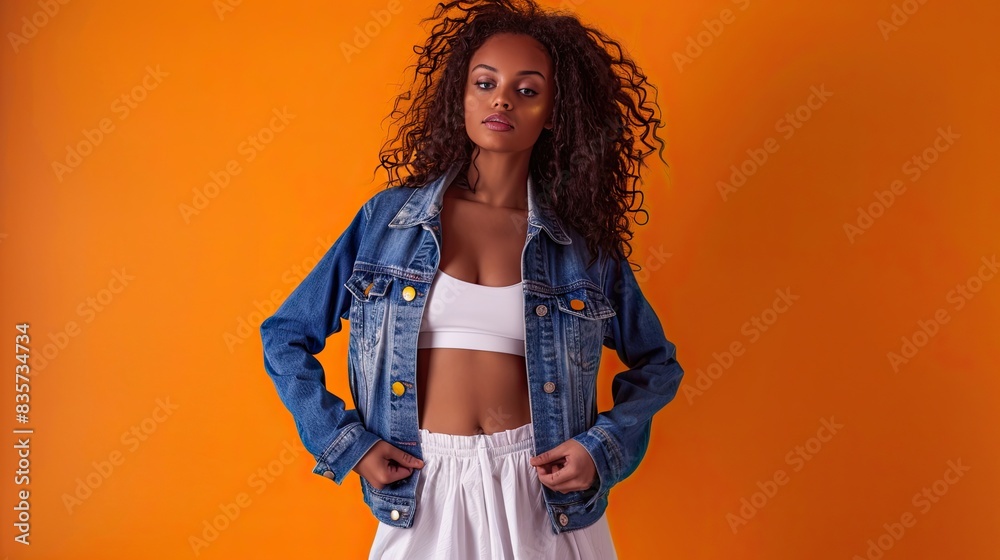 Wall mural Female fitness model in a casual denim jacket with a white dress, isolated on an orange background - Wall murals