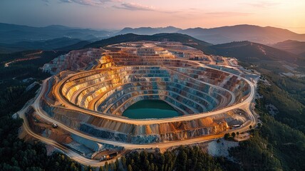 A large open pit mine with a large body of water in the center