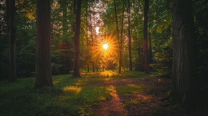  The sun shines brightly, illuminating a wooded path surrounded by grass and trees on both sides Sunlight filters through the trees on the opposite side as well