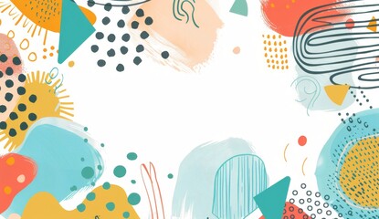 Abstract background, colorful shapes and patterns with white backgrounds, minimalist line drawings, simple lines, hand drawn doodles, yellow orange teal green red palette, white dots, line work