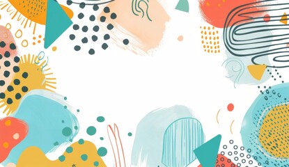 Fototapeta premium Abstract background, colorful shapes and patterns with white backgrounds, minimalist line drawings, simple lines, hand drawn doodles, yellow orange teal green red palette, white dots, line work