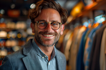 Fototapeta premium A friendly male sales consultant, wearing a blue blazer, smiles at the camera while working in a clothing store