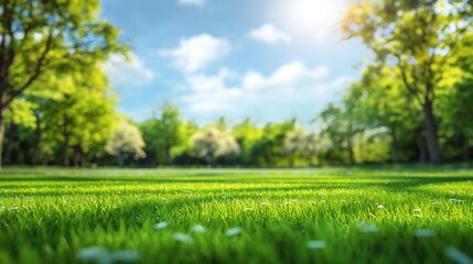 Beautiful blurred background of spring nature with green grass meadow, trees and a blue sky. Panoramic bokeh background. A soft focused field that could be used for design, advertising or banners.