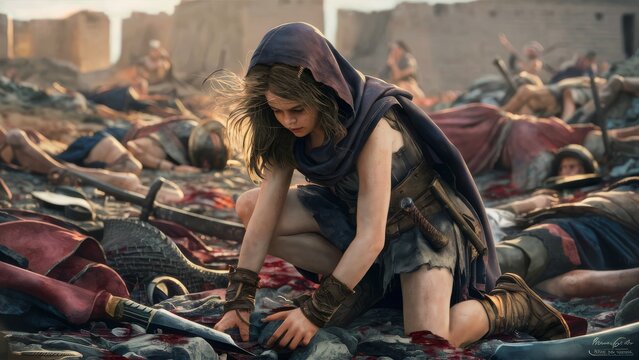 Hyperrealistic Painting of a Dacian Girl in a Battlefield Scene