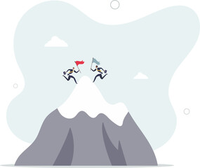 businessmen competitor climb up mountain to put winning flag at the mountain peak.flat vector illustration.