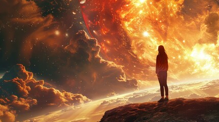Fototapeta premium A stunning illustration of a woman in awe on an alien planet, evoking exploration and wonder.
