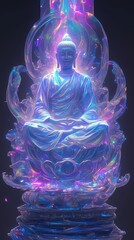 Create an image showcasing an ethereal Buddha with iridescent light
