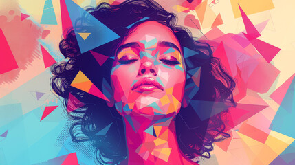Elegant highresolution illustration of a woman amidst geometric shapes, offering a modern and abstract aesthetic.
