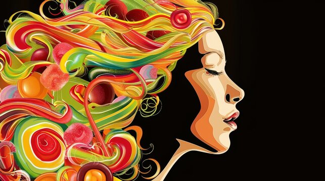 Vibrant illustration of a beautiful woman surrounded by colorful candy, conveying whimsical joy and vibrancy.