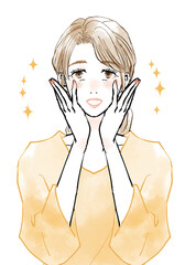 顔に手を当てて喜ぶミドル女性