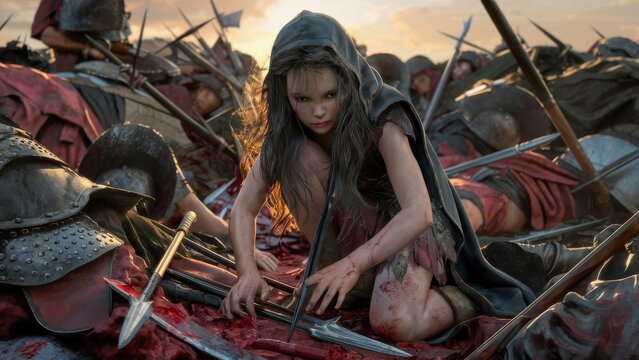 Hyperrealistic Painting of a Dacian Girl on Battlefield