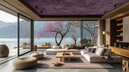 Fototapeta premium Natural purple shade living room of a house resort by lake cherry blossom