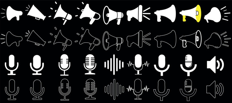 Megaphone and microphone icons set loudspeaker vector illustration, audio symbols, communication elements, speaker, sound waves simple abstract graphics