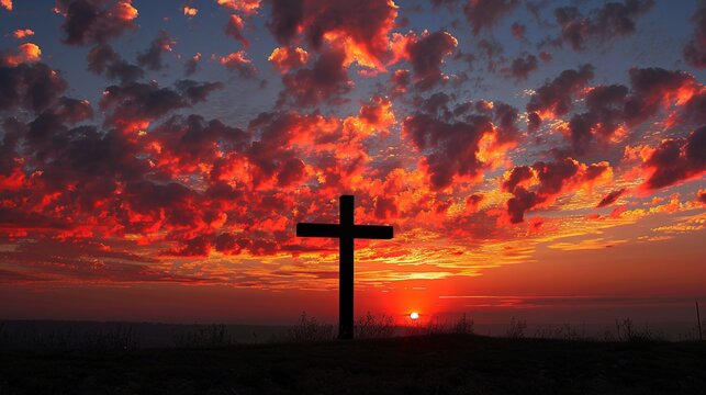A cross silhouetted against a vibrant sunset, representing sacrifice and redemption