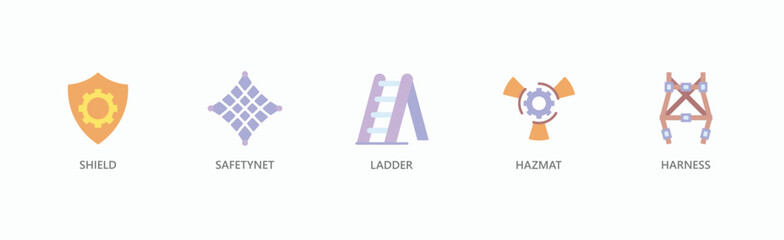 Protection Banner Web Icon Vector Illustration Concept With Shield, Safety Net, Ladder, Hazmat, Harness