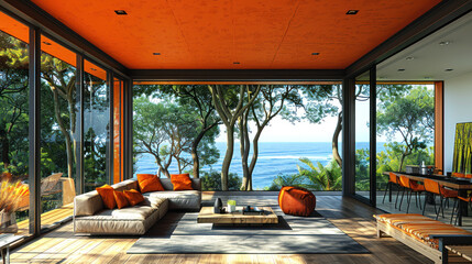 Fototapeta premium Natural orange shade living room of a house resort by ocean beach