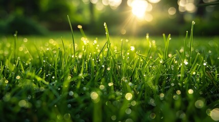 Fototapeta premium Morning serenity: Dew-laden grass glistens, a verdant carpet beckoning nature lovers 