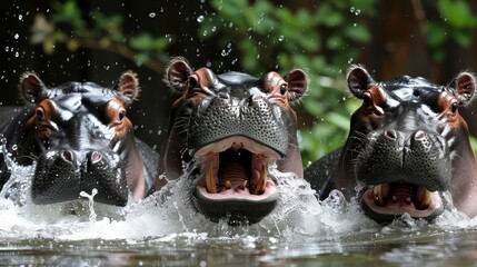  A group of hippos swim with wide-open mouths in a body of water Trees line the background