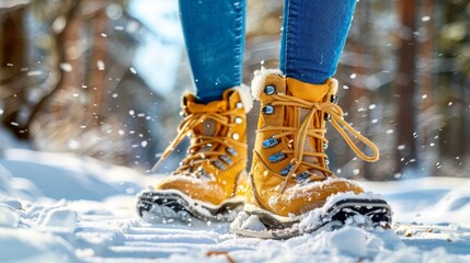  A tight shot of someone's legs and boots, sunken in snow, with snowflakes scattering the ground in the foreground Trees loom in the background