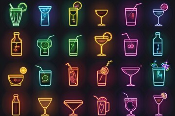 neon cocktail drink icons, solid dark black background