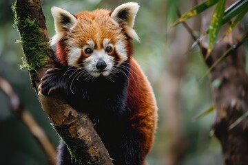 Red panda perched on a tree branch with sunlight