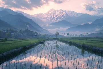 Lush green rice paddies reflecting the snow-capped Himalayas at sunrise. - Powered by Adobe