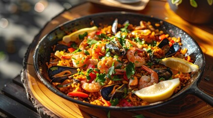 An appetizing seafood paella with mussels and shrimps, garnished with lemon, served on a wooden table