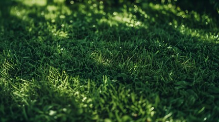 Naklejka premium Beautiful green grass background, closeup of lush short grass on the lawn at sunset, sunlight and shadow in the foreground. 