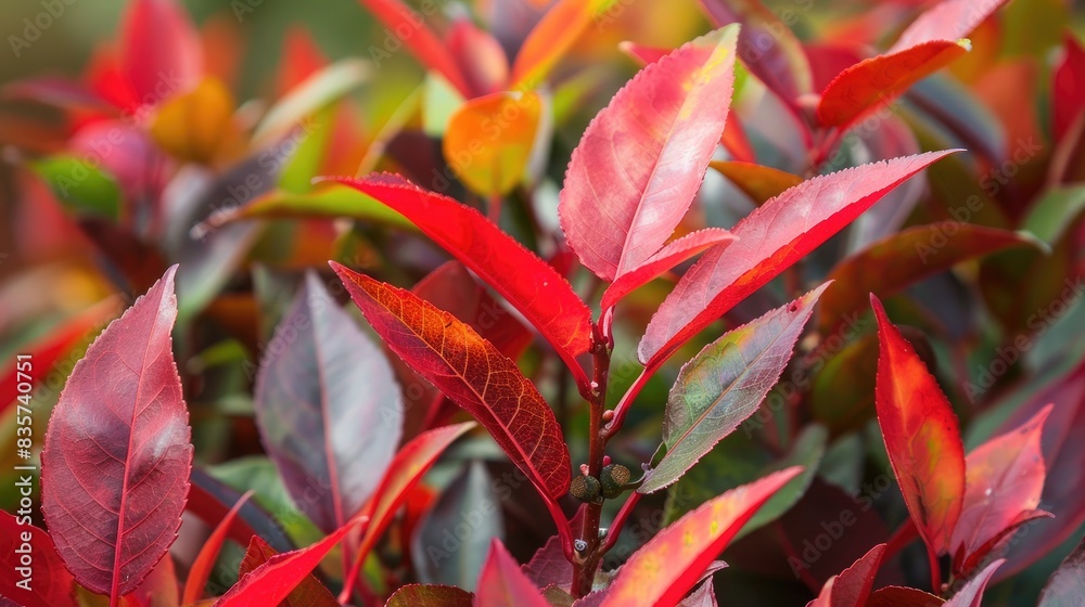 Sticker Photinia Varieties including Fraser Photinia Red Tipped Photinia and Red Tops Photinia x fraseri with vibrant red and green evergreen leaves in the background