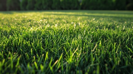 Fototapeta premium Beautiful green grass background, closeup of lush short grass on the lawn at sunset, sunlight and shadow in the foreground. 
