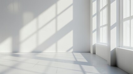 Gray shadow and light blur abstract background on white wall from window. Can use for presentation of products or images, white backdrop with blurred shadows of natural sunlight.