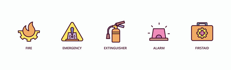 Fototapeta premium Emergency Response Banner Web Icon Vector Illustration Concept With Fire, Emergency, Extinguisher, Alarm, First Aid