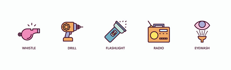 Essentials Banner Web Icon Vector Illustration Concept With Whistle, Drill, Flashlight, Radio, Eyewash