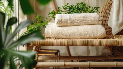 Indoor wicker bench with layered terry towels and fresh green foliage