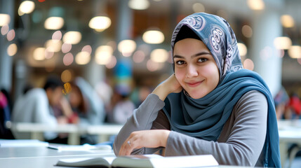 happy smiling arab woman in university wearing abaya, hijab. Islamic girl studying with multiethnic. portrait young student reading book in library college, school. education muslim Arab girls youth