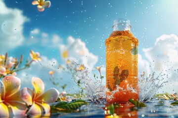 orange bottle soaked in water, splash, blue sky,white clouds,full of light,tea, frangipani, ingcommercial photography