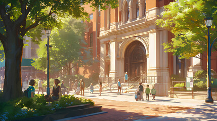 Obraz premium city ​​street library in New York and the tree-lined path in the middle