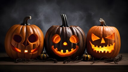 about Halloween pumpkins with spider on a shiny light background.