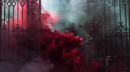 Bright red mist curling through intricate iron gates, gothic minimalist art.