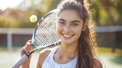  A young woman on a tennis court, holding one racket aloft, the other poised to strike An airborne tennis ball completes the scene