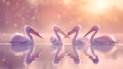 Naklejka premium A collection of pelicans atop a tranquil water body, sun radiating behind, slightly blurred sky