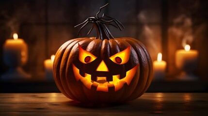 Fototapeta premium about Halloween pumpkins with spider on a shiny light background.